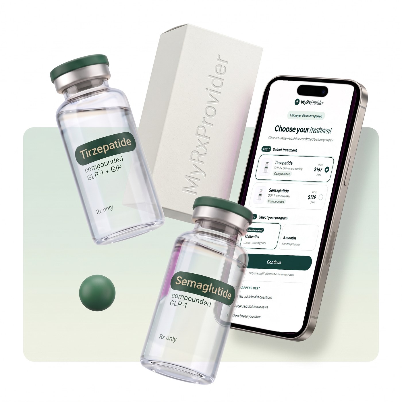 MyRxProvider compounded tirzepatide and semaglutide vials with the MyRxProvider app